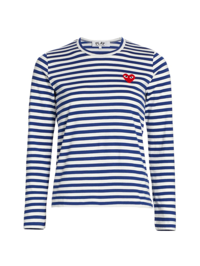 Shop Comme Des Garçons Play Women's Striped Red Heart Long-sleeve Shirt In Blue White