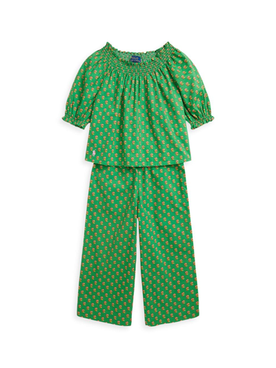 Shop Polo Ralph Lauren Little Girl's & Girl's Floral Cotton Top & Pants Set In Preppy Woodblock