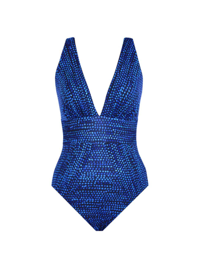 Shop Miraclesuit Swim Women's Dot Com Odyssey Plunging V-neck One-piece Swimsuit In Blue Multi