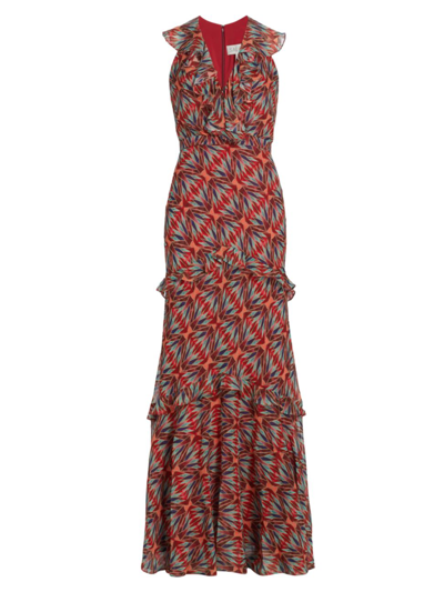 Shop Saloni Women's Rita Printed Silk Ruffle Dress In Topaz