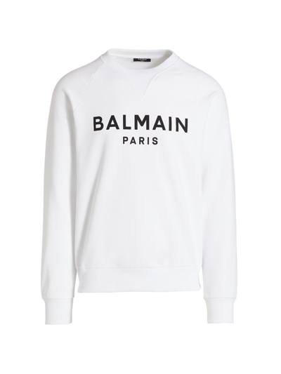 Shop Balmain Men's Logo Cotton Crewneck Sweatshirt In White