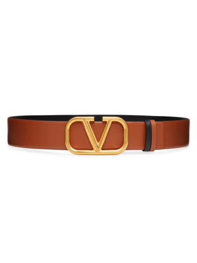 Shop Valentino Women's Reversible Vlogo Signature Belt In Glossy Calfskin 40mm In Saddle Brown Black