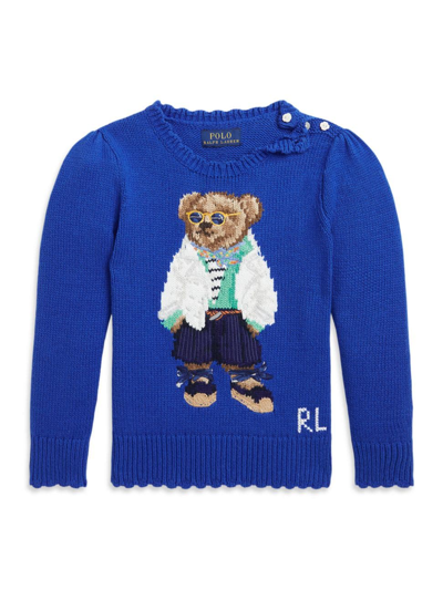 Shop Polo Ralph Lauren Little Girl's & Big Girl's Polo Bear Scallop-trim Sweater In Sapphire Star