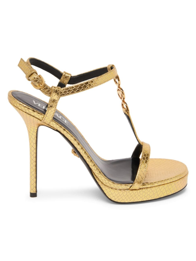Shop Versace Women's T.115 115mm Embossed Metallic Leather Sandals In Gold