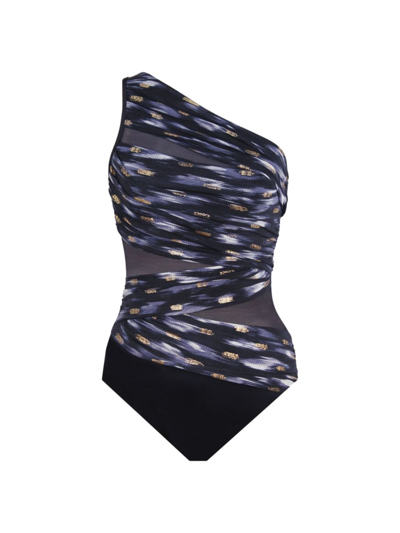 Shop Miraclesuit Swim Women's Bronze Reign Jena One-shoulder One-piece Swimsuit In Black Multi