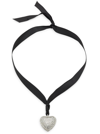 Shop Roxanne Assoulin Women's Heart & Soul Silvertone, Cubic Zirconia & Ribbon Pendant Necklace In Vintage Silver
