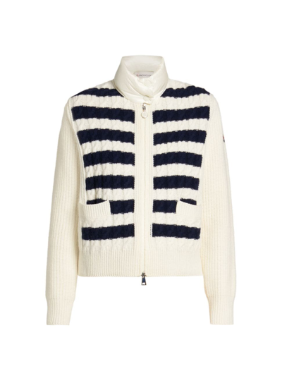 Shop Moncler Women's Striped Down Puffer Cardigan In White Navy