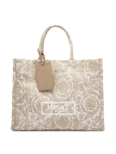 Shop Versace Men's Barocco Jacquard Tote Bag In Beige  Gold