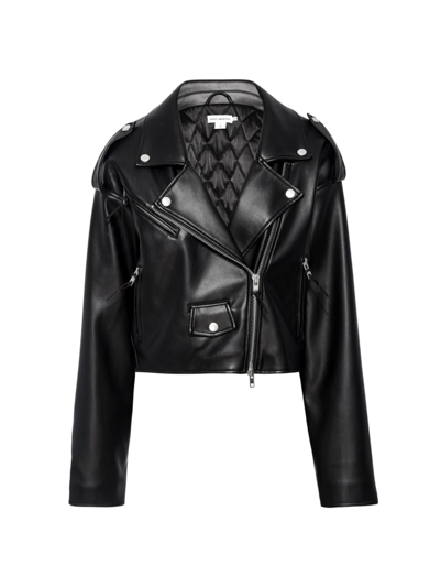 Shop Good American Women's Faux-leather Cropped Moto Jacket In Black