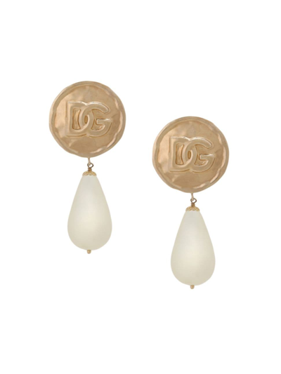 Shop Dolce & Gabbana Women's Shiny Coins Logo Brass & Faux Pearl Clip-on Earrings In Shiny Pearl