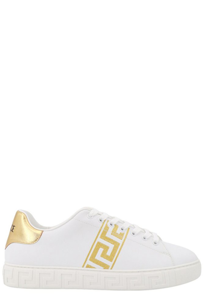 Shop Versace Greca Embroidered Low In White