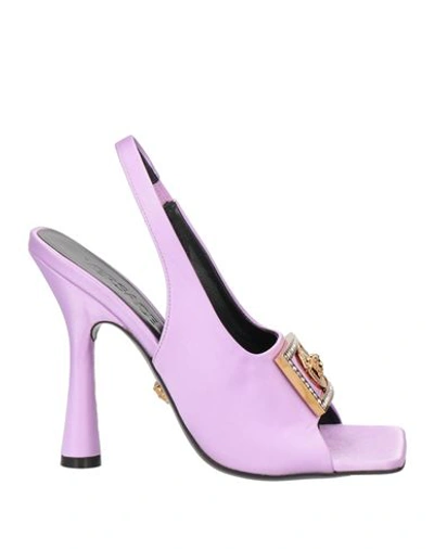Shop Versace Woman Sandals Lilac Size 8 Textile Fibers, Soft Leather In Purple