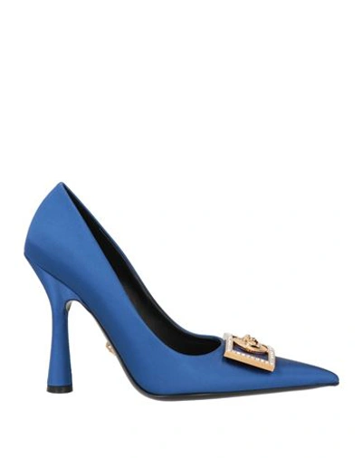 Shop Versace Woman Pumps Bright Blue Size 8 Textile Fibers, Soft Leather