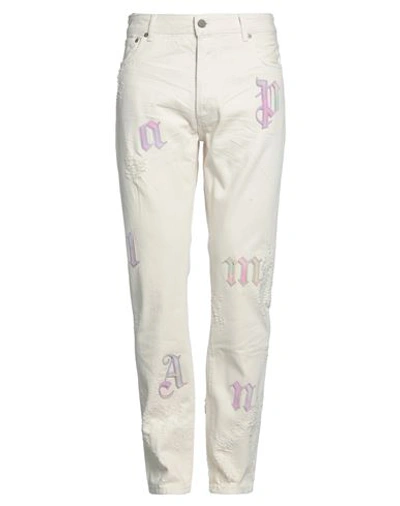 Shop Palm Angels Man Jeans Ivory Size 33 Cotton, Soft Leather, Polyamide In White