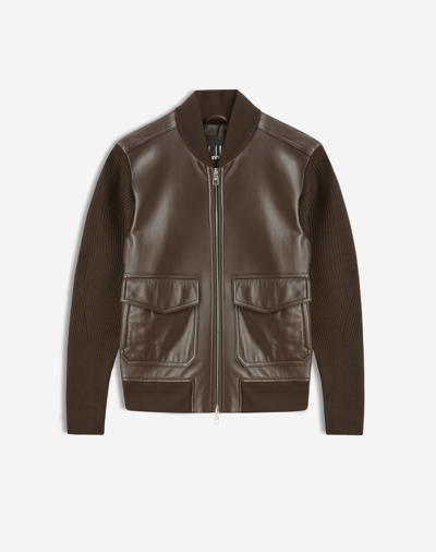 Shop Dunhill Leather Bomber With Knitted Sleeves In Brown