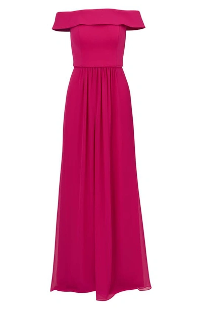 Shop Adrianna Papell Off The Shoulder Crepe Chiffon Gown In Bright Magenta