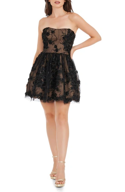 Shop Dress The Population Sasha Floral Appliqué Strapless Minidress In Black/ Nude