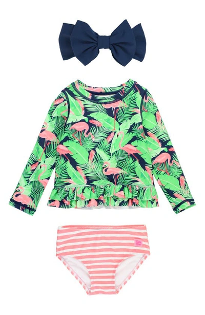 Rufflebutts Kids' Long Sleeve Two-piece Rashguard Swimsuit & Hat Set In Flamingo Frenzy