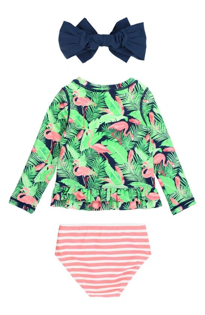 Rufflebutts Kids' Long Sleeve Two-piece Rashguard Swimsuit & Hat Set In Flamingo Frenzy