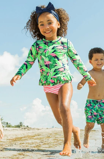 Rufflebutts Kids' Long Sleeve Two-piece Rashguard Swimsuit & Hat Set In Flamingo Frenzy