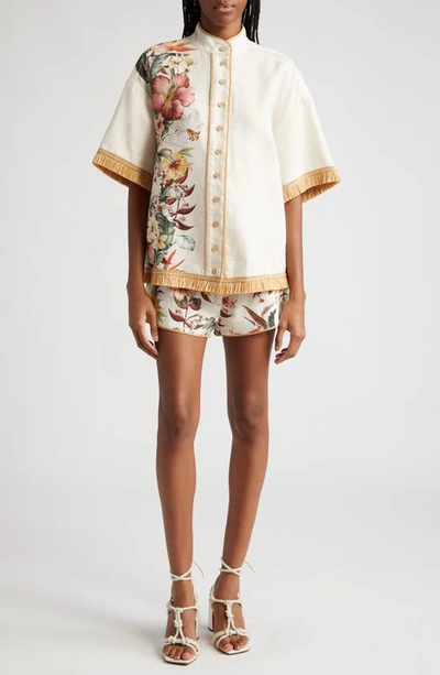 Shop Zimmermann Lexi Tropical Floral Raffia Trim Button-up Shirt In Ivory Palm