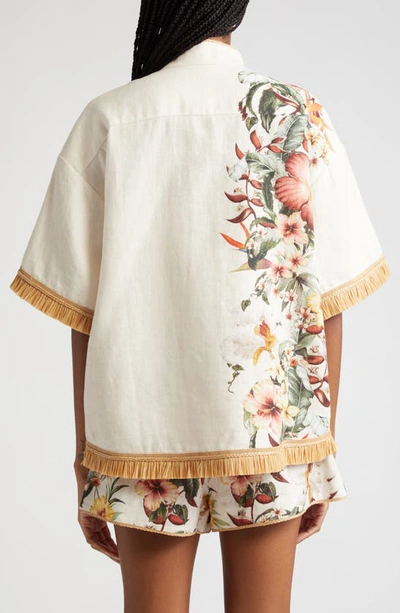 Shop Zimmermann Lexi Tropical Floral Raffia Trim Button-up Shirt In Ivory Palm