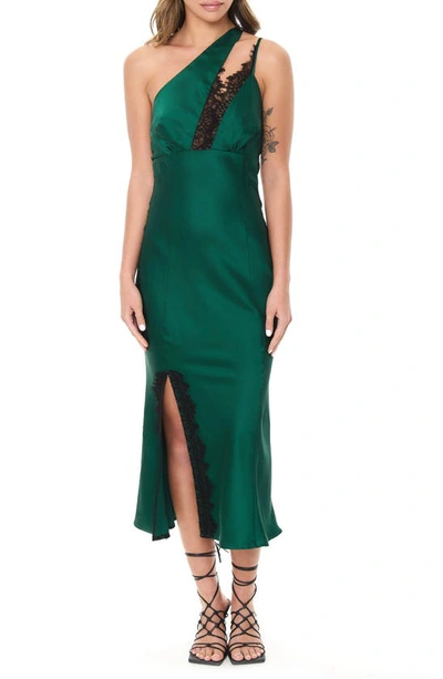 Shop Rare London Lace Trim One-shoulder Satin Cocktail Dress In Emerald