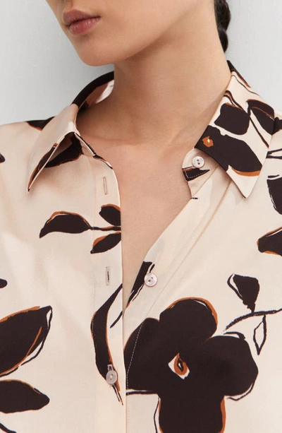 Shop Mango Floral Print Satin Button-up Shirt In Ecru