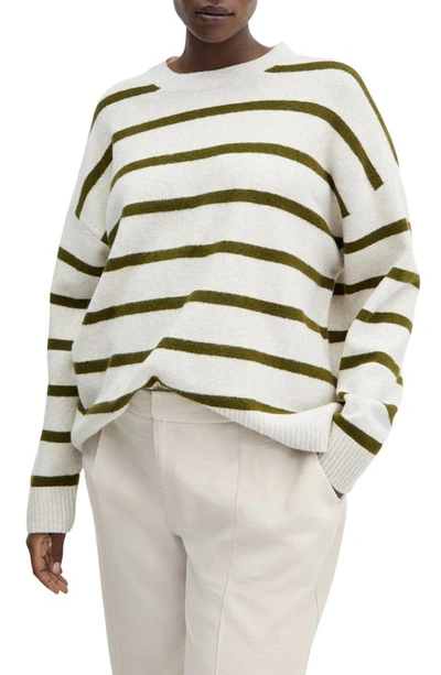 Shop Mango Stripe Crewneck Sweater In Khaki
