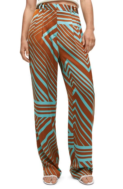 Shop Mango Geo Print High Waist Satin Pants In Turquoise