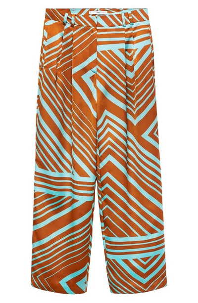 Shop Mango Geo Print High Waist Satin Pants In Turquoise