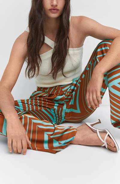 Mango Geo Print High Waist Satin Pants In Turquoise