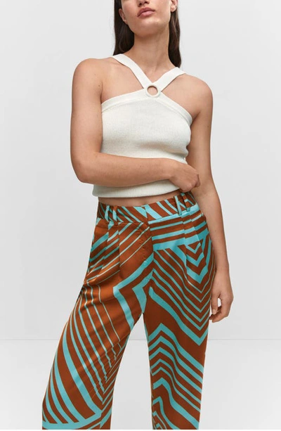 Shop Mango Geo Print High Waist Satin Pants In Turquoise