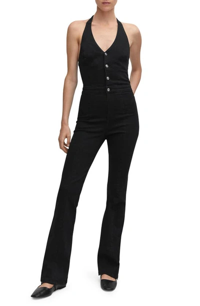 Shop Mango Denim Halter Jumpsuit In Black Denim