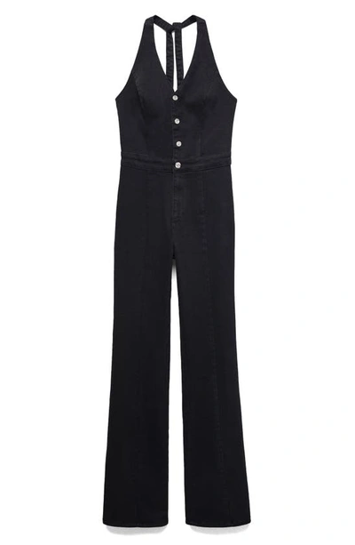 Shop Mango Denim Halter Jumpsuit In Black Denim