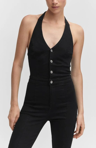 Shop Mango Denim Halter Jumpsuit In Black Denim