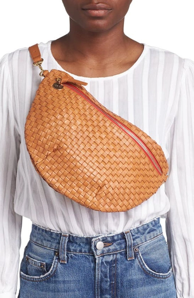 Shop Clare V Grande Woven Leather Convertible Belt Bag In Natural Woven Checker