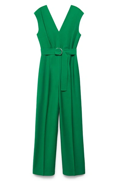 Shop Mango V-neck Belted Jumpsuit In Green