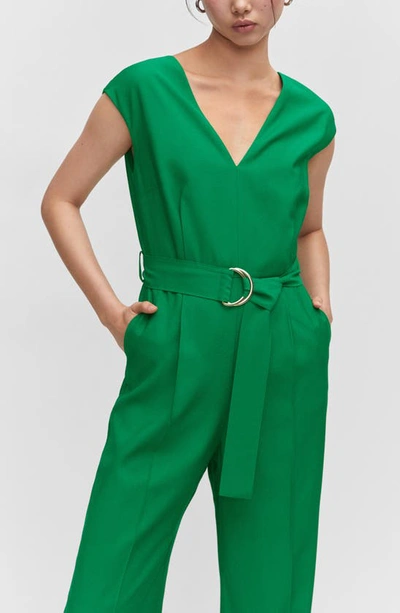 Shop Mango V-neck Belted Jumpsuit In Green