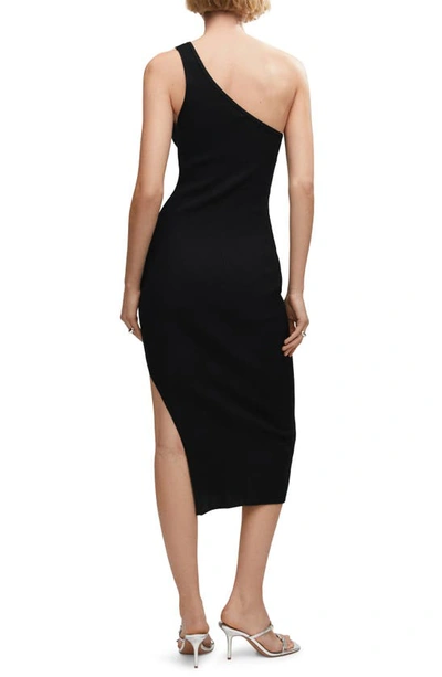Mango One-shoulder Side Slit Rib Midi Dress In Black