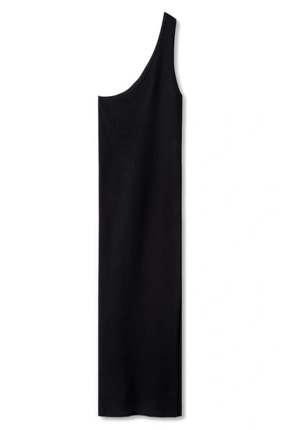 Mango One-shoulder Side Slit Rib Midi Dress In Black