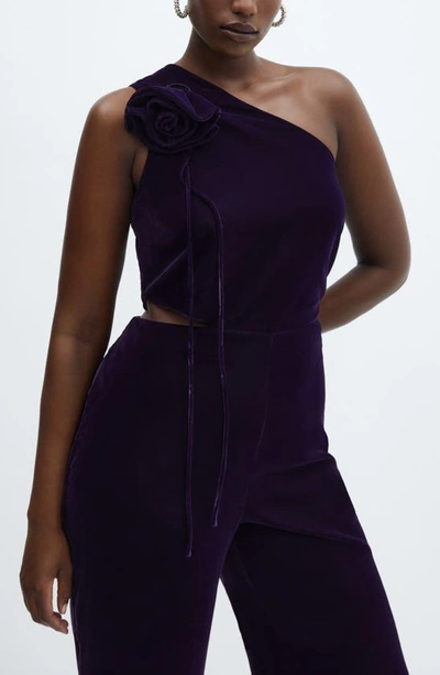 Shop Mango Rosette Cutout One-shoulder Velvet Jumpsuit In Purple