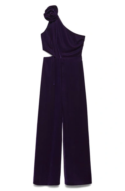 Shop Mango Rosette Cutout One-shoulder Velvet Jumpsuit In Purple