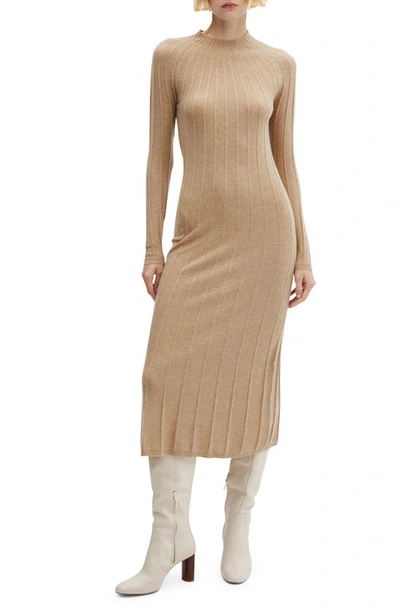 Shop Mango Long Sleeve Funnel Neck Rib Sweater Dress In Medium Brown