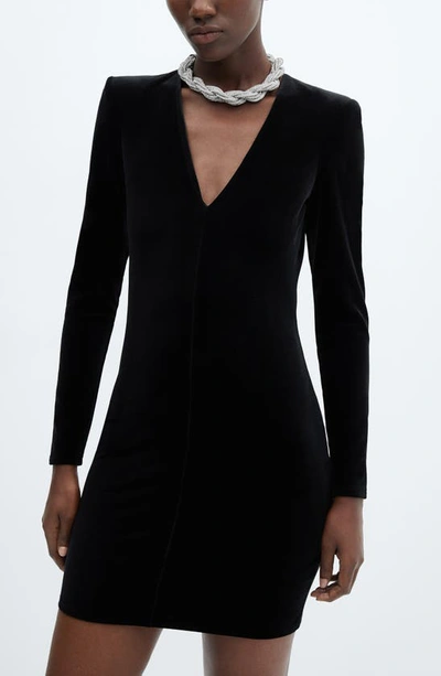 Shop Mango Shoulder Pad Long Sleeve Velvet Minidress In Black