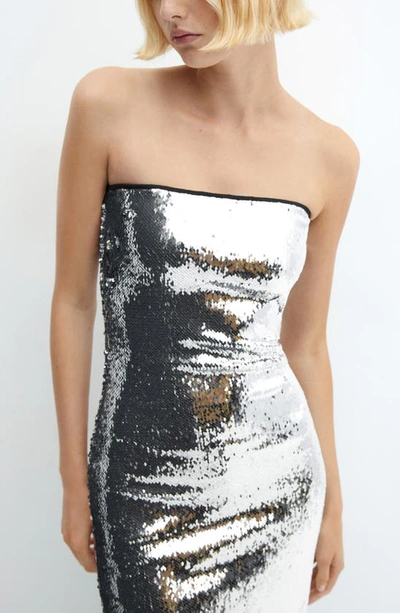 Shop Mango Sequin Strapless Midi Gown In Silver