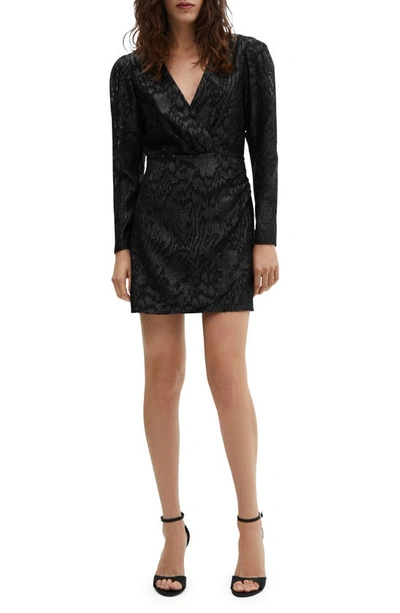 Shop Mango Metallic Floral Jacquard Long Sleeve Minidress In Black