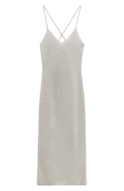 Mango Metalllic Knit Dress In Silver