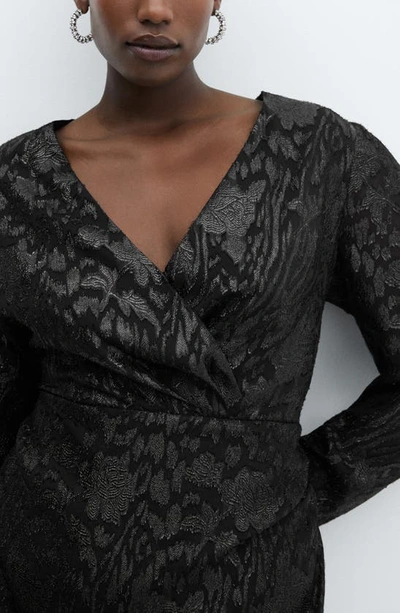 Shop Mango Metallic Floral Jacquard Long Sleeve Minidress In Black