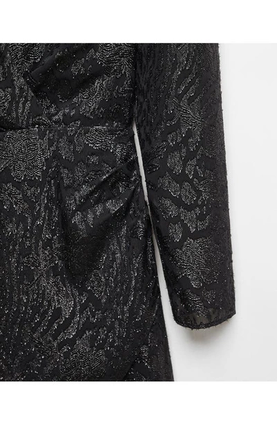 Shop Mango Metallic Floral Jacquard Long Sleeve Minidress In Black